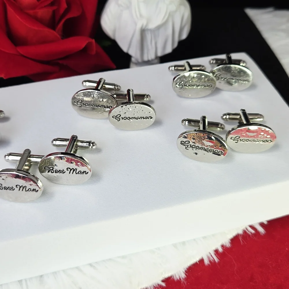 Bridal Wedding Party Cufflinks Set Groom Best Man Groomsmen Silver Oval Formal